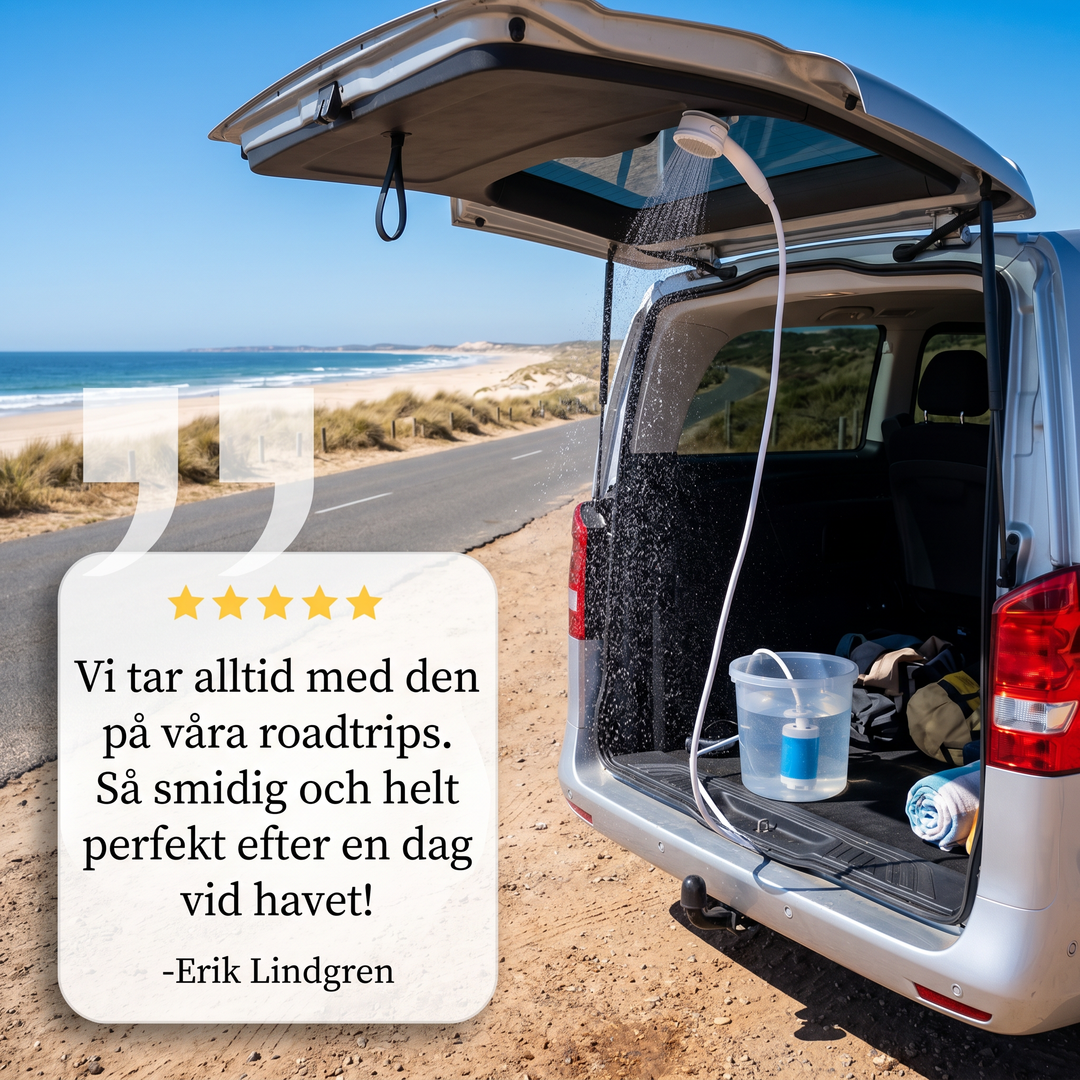 Batteridriven campingdusch i kompakt design för utomhusbruk