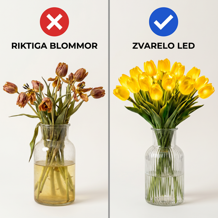 Konstgjord LED-tulpan i närbild med detaljerade blad och stjälk