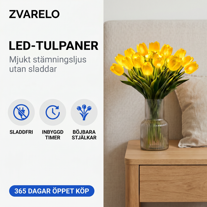 Informationsbild som visar Zvarelo LED-tulpaner med sladdfri funktion och timer