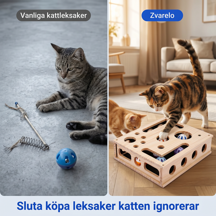 Kattpussel i trä med aktiveringsleksak och inbyggd klösbräda för katter