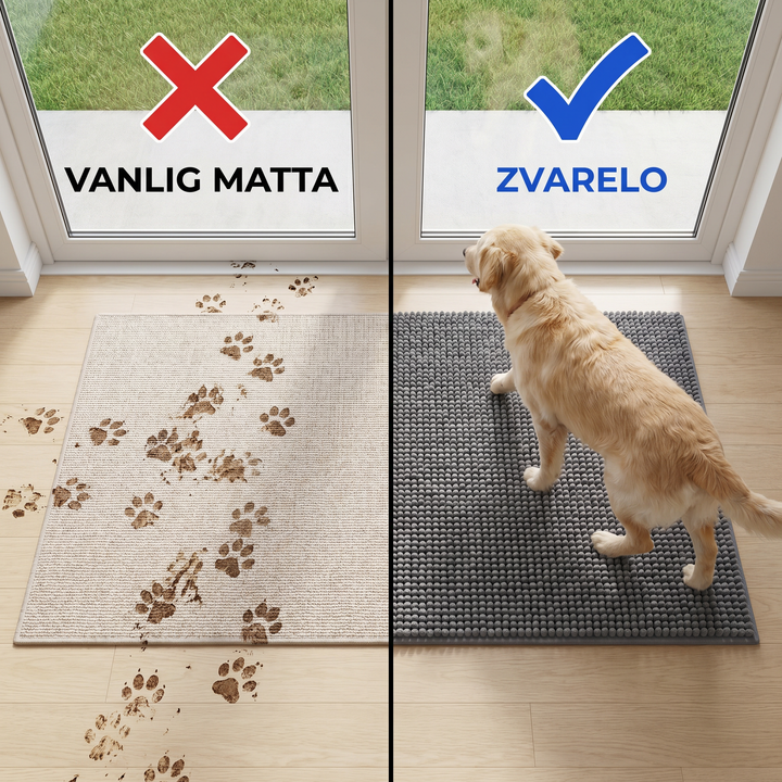 Absorberande hundmatta i hall som effektivt torkar leriga tassar och vatten