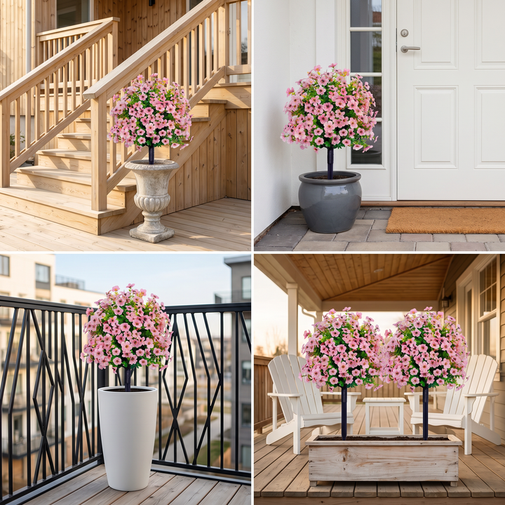 Kollage som visar konstblomman placerad i olika miljöer utomhus och inomhus