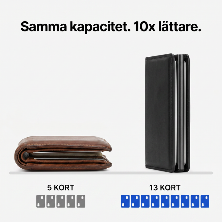 Herrplånbok i metall med synliga kort som matas ut via pop-up