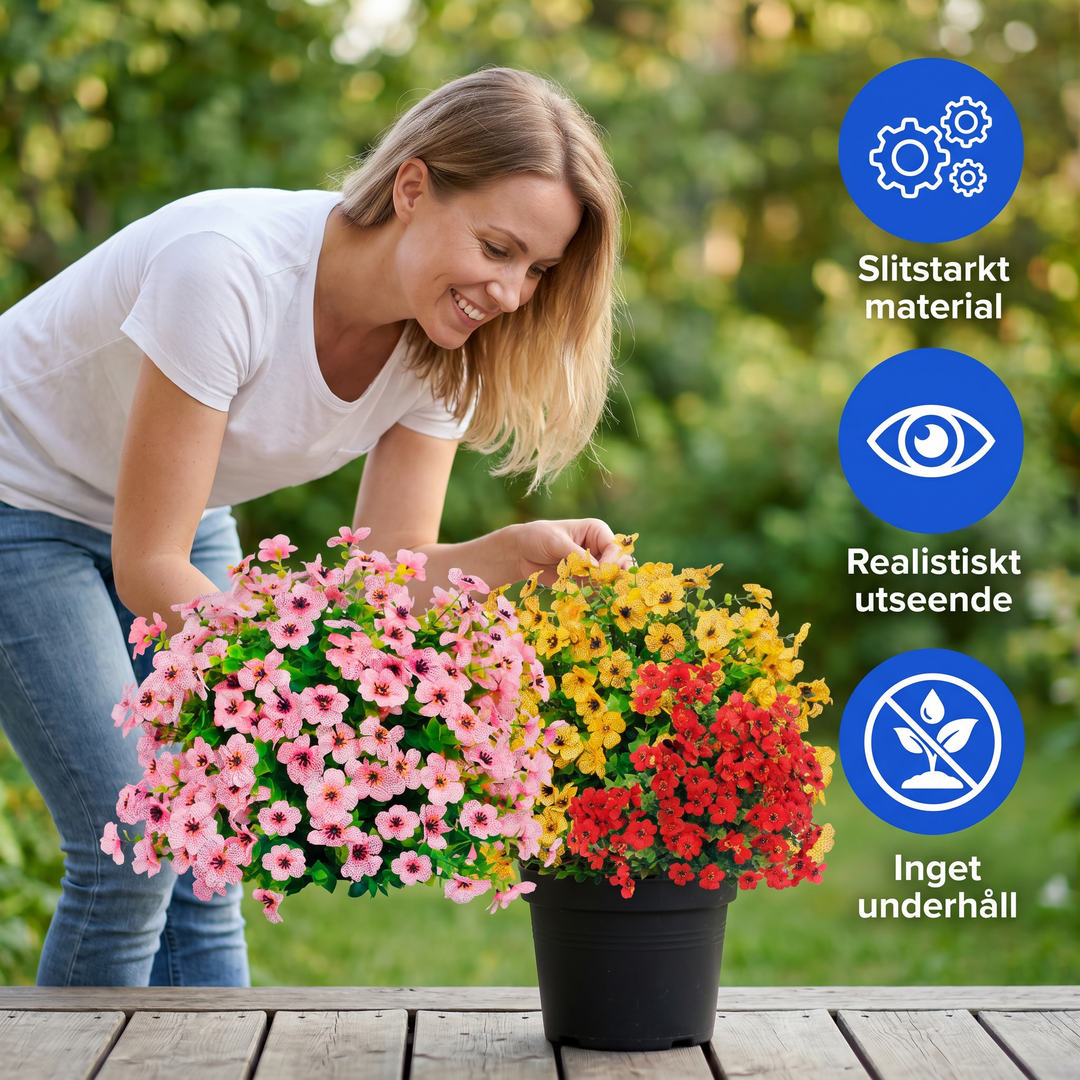 Kvinna som visar upp färgstarka konstblommor bredvid trädgårdsikoner