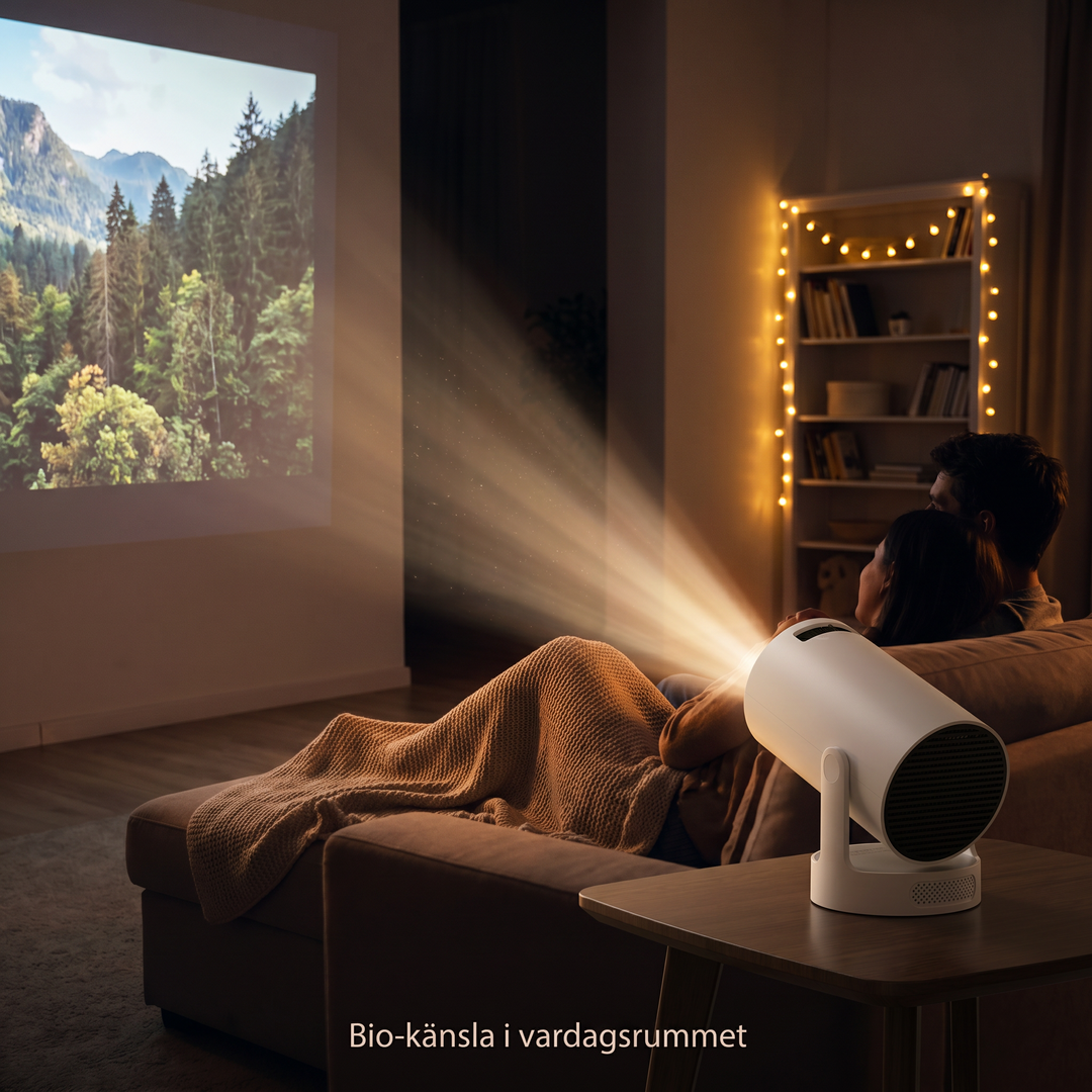 Zvarelo smart miniprojektor som projicerar en film på väggen i ett mysigt vardagsrum