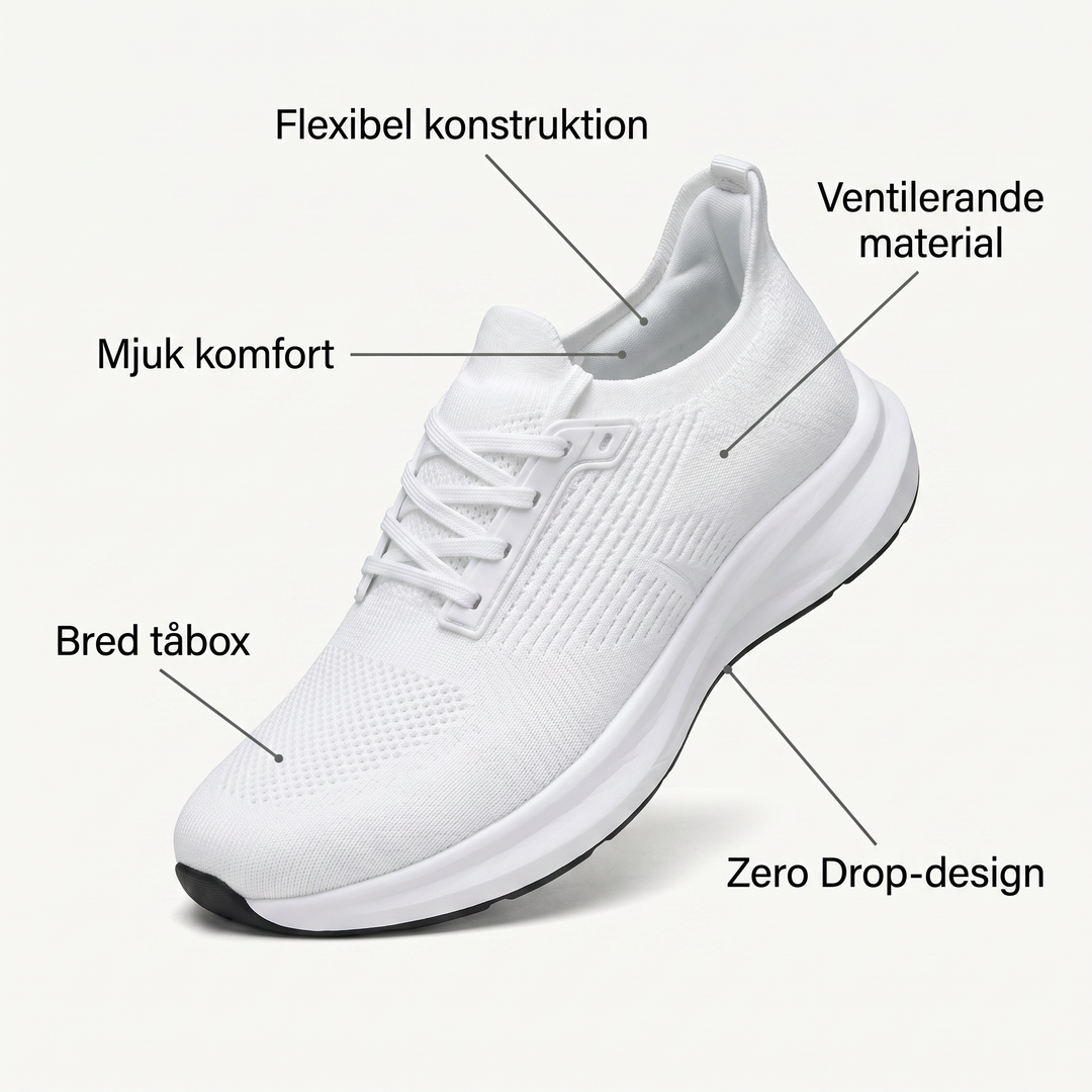 Närbild på vit Zvarelo CloudStep sko som visar tåbox och flexibel konstruktion