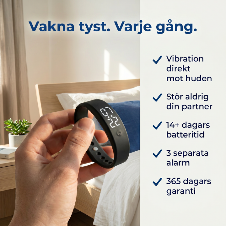 Zvarelo väckningsarmband visas upp i handen med tydliga ikoner