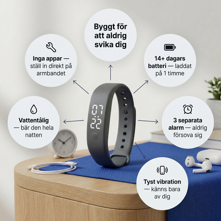 Nära på Zvarelo armband med tyst väckning och vibrationsfunktion för skiftarbete
