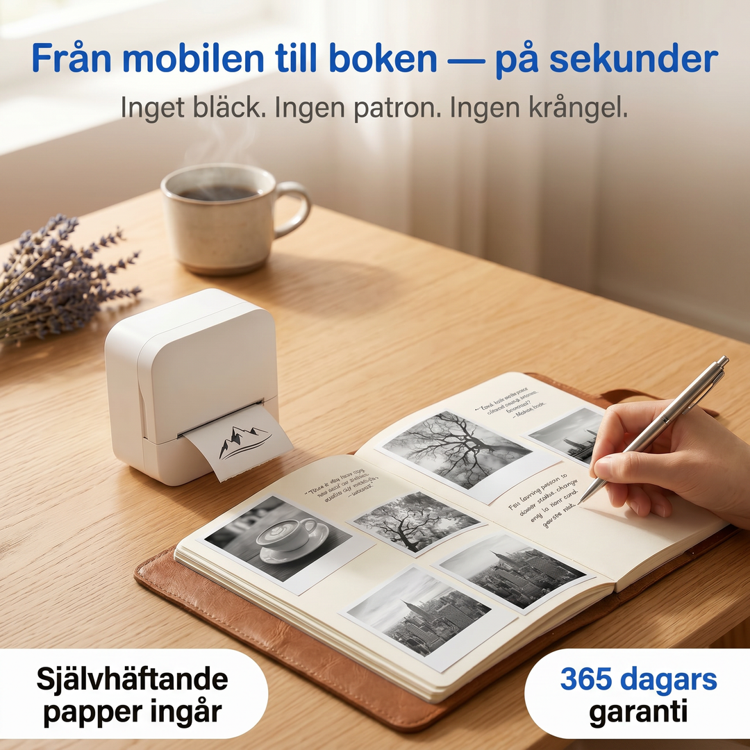 Närbild på Zvarelo portabel skrivare med utskrivna foton och texten Från mobilen till boken