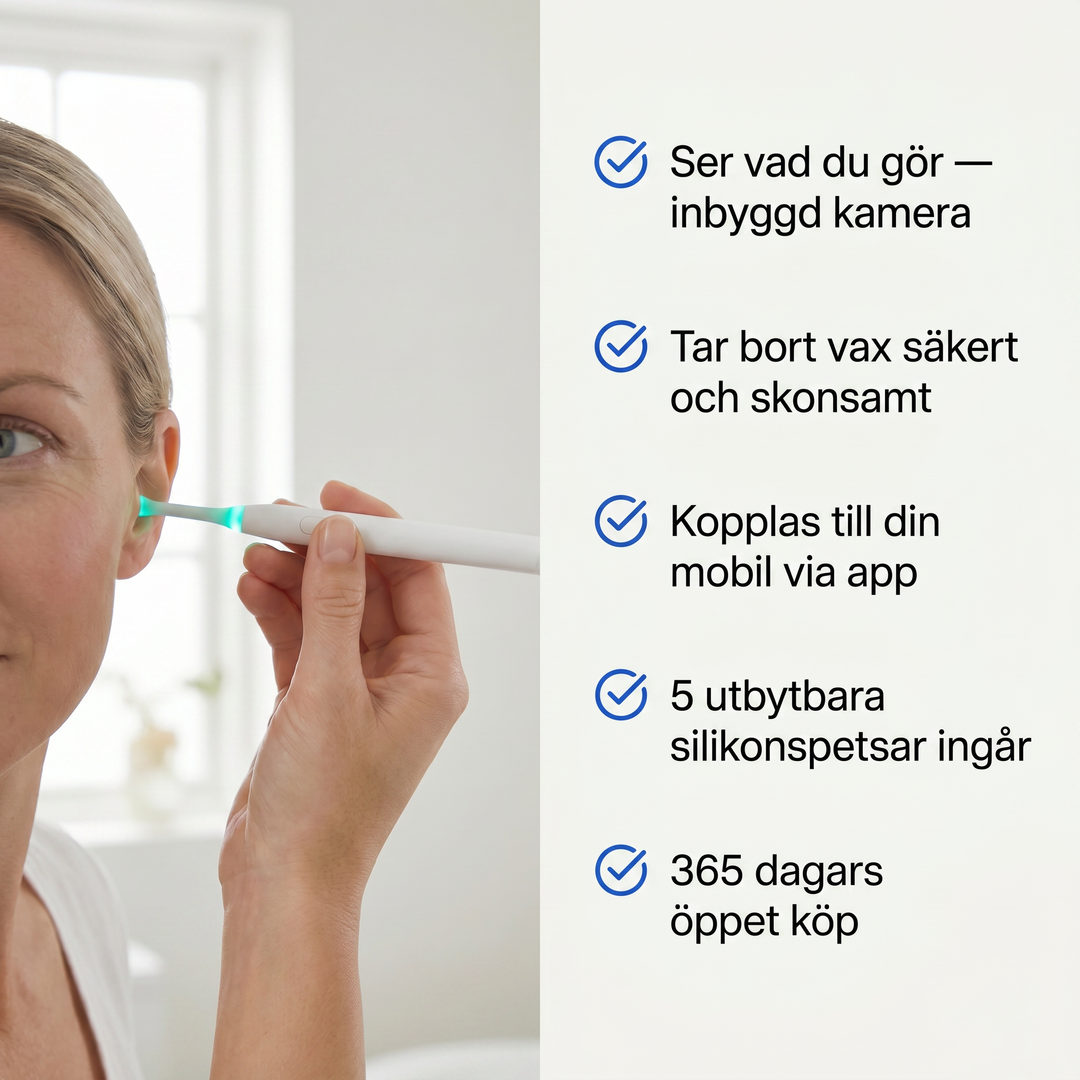 Närbild på person som använder den vita öronrengöraren med LED-ljus