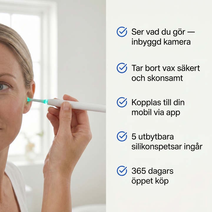 Närbild på person som använder den vita öronrengöraren med LED-ljus
