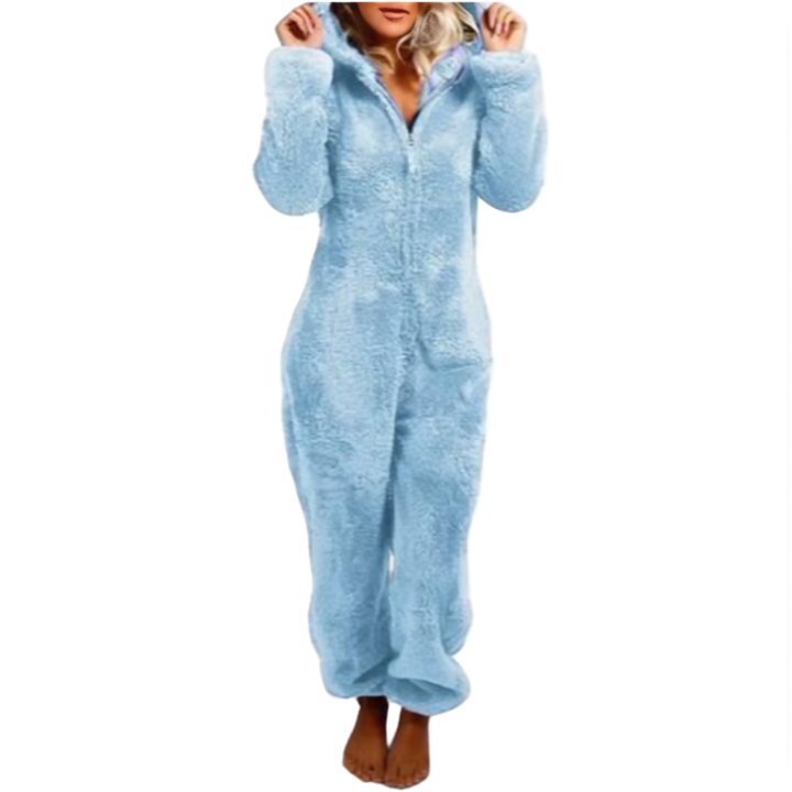Ljussblå dam jumpsuit i mjukt material med huva