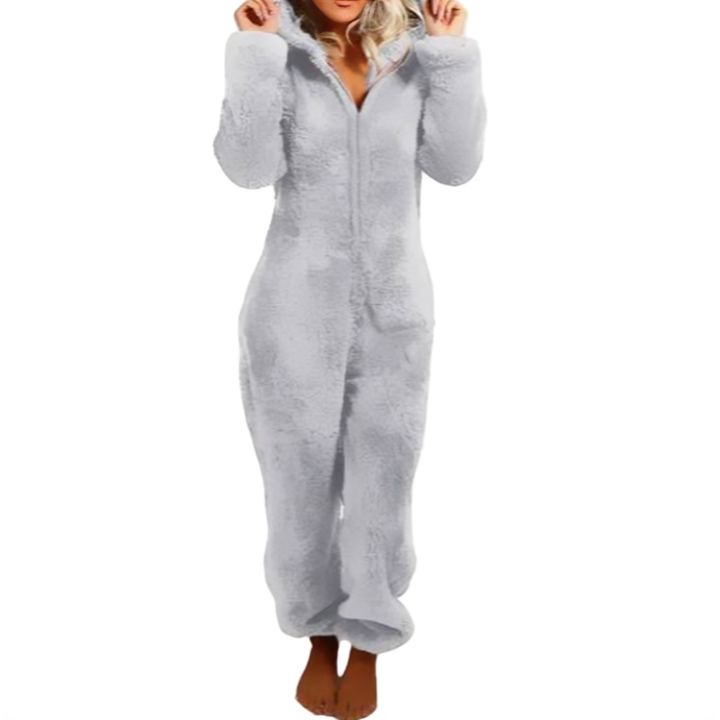 Ljusgrå dam jumpsuit med dragkedja och huva