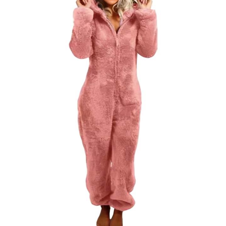 Detaljbild på muddar och tyg på varm mysig jumpsuit för dam