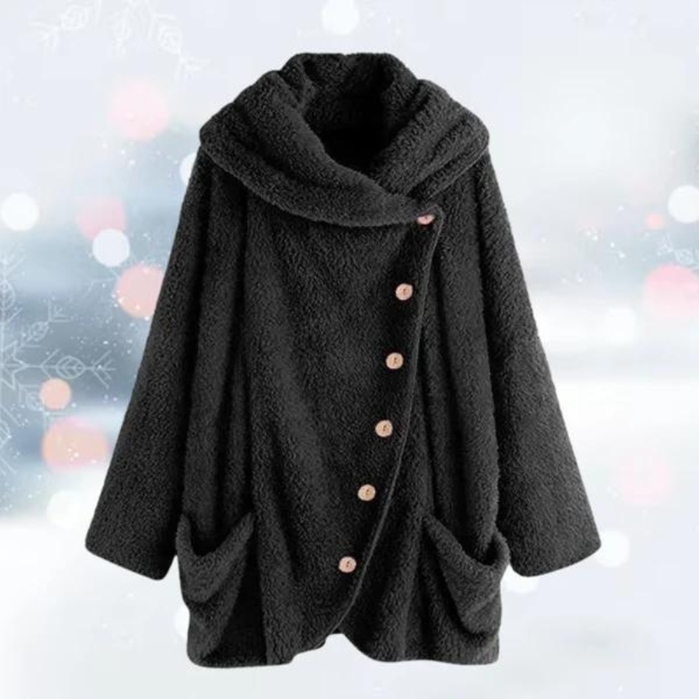 Svart oversized damjacka i fluffigt material med stor krage