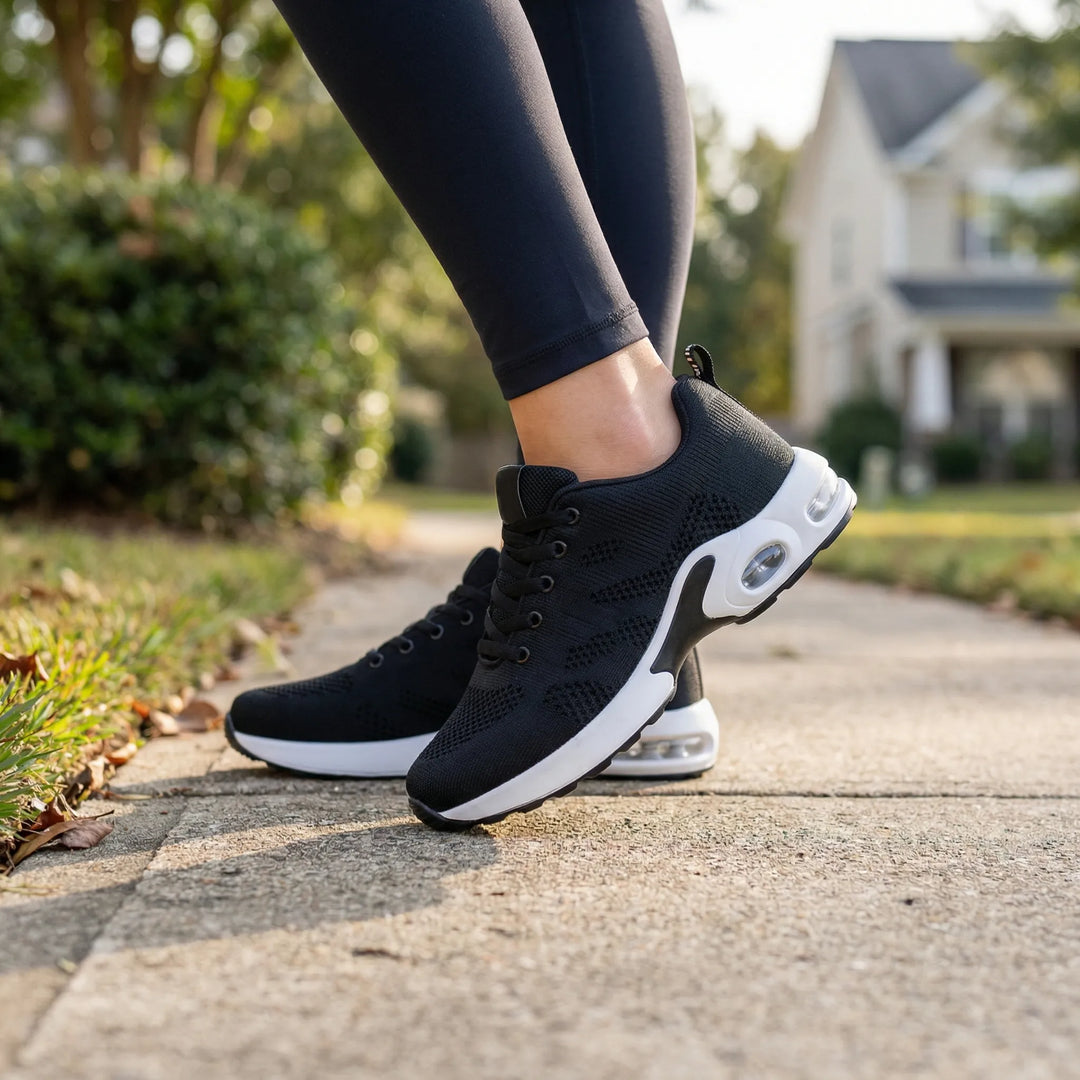 Svart unisex sneaker med vit luftkuddesula utomhus