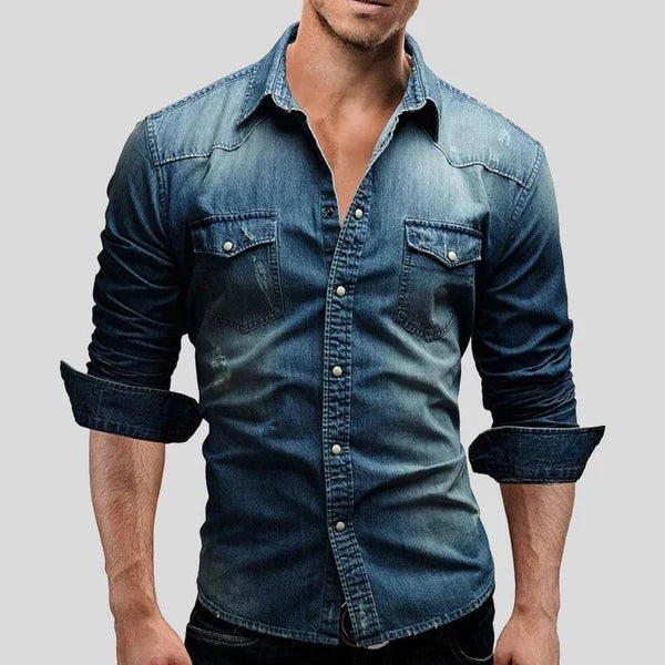 Herrar mörkblå slim fit denimskjorta med klassisk krage