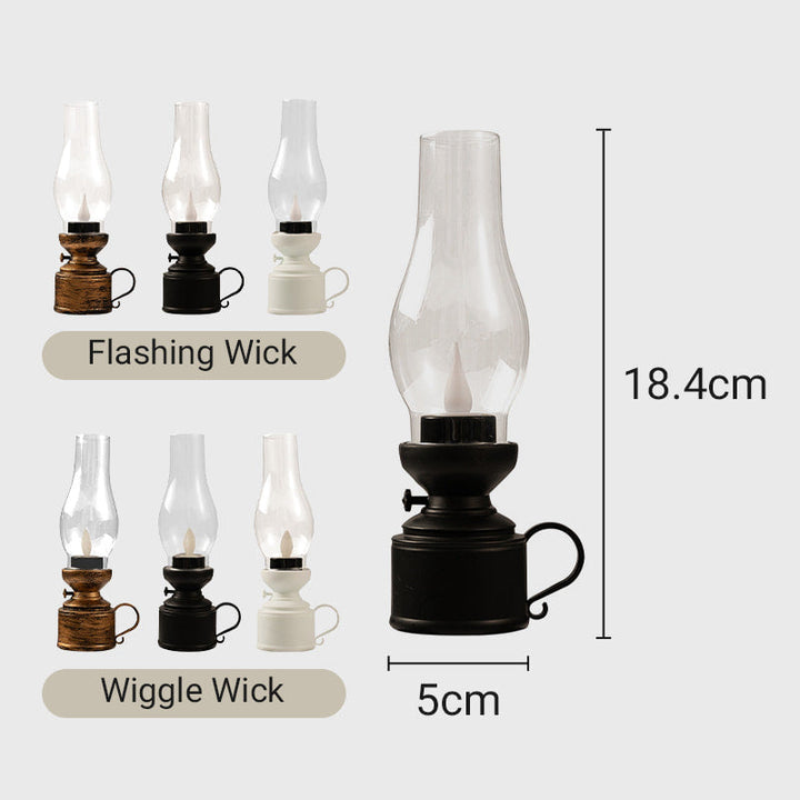 LED kerosinlampa tänd i mörker som visar det realistiska fladdrande ljuset