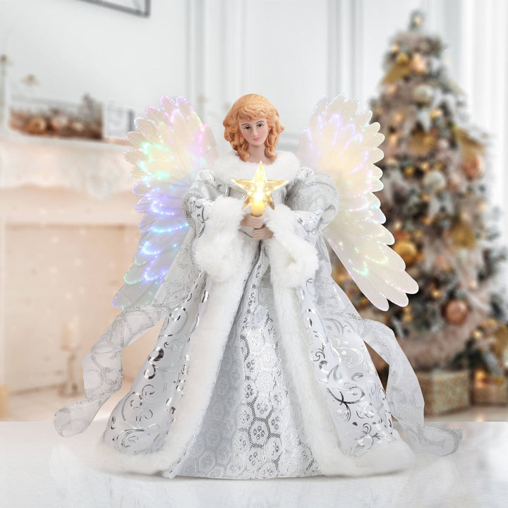 Animerad ängel som julgransspets med fiberoptik och LED-belysning i helfigur