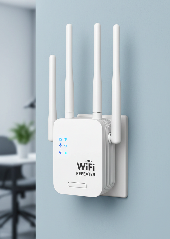 Vit WiFi repeater med fyra antenner placerad på vägg inomhus