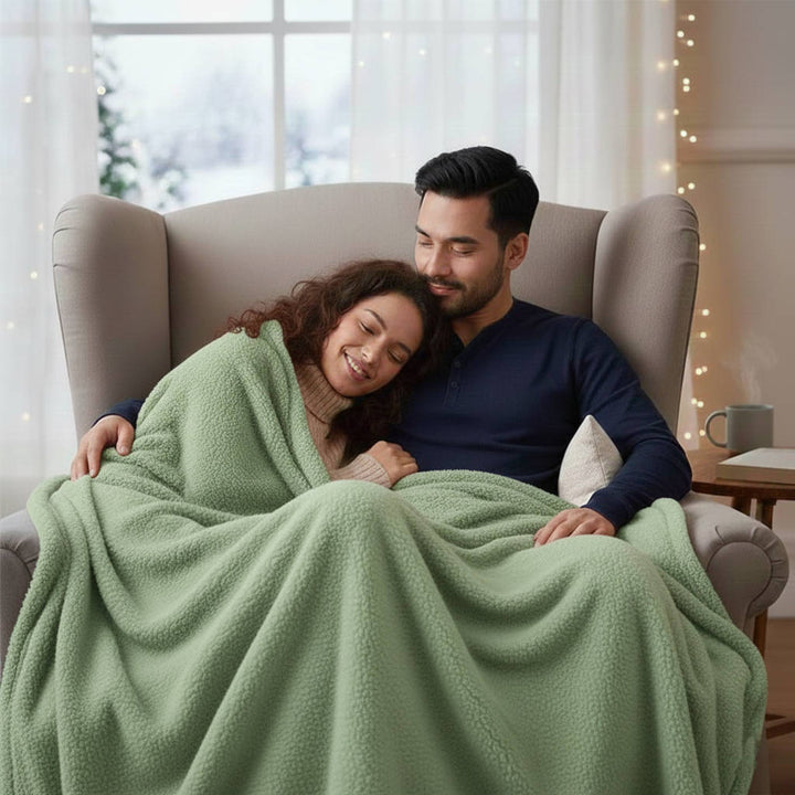 Mysig och varm hemtextil för par, draperad över en modern soffa