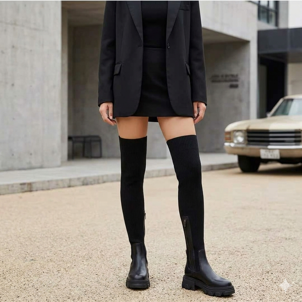 Modell som bär svarta stövlar med högt skaft och blazer utomhus