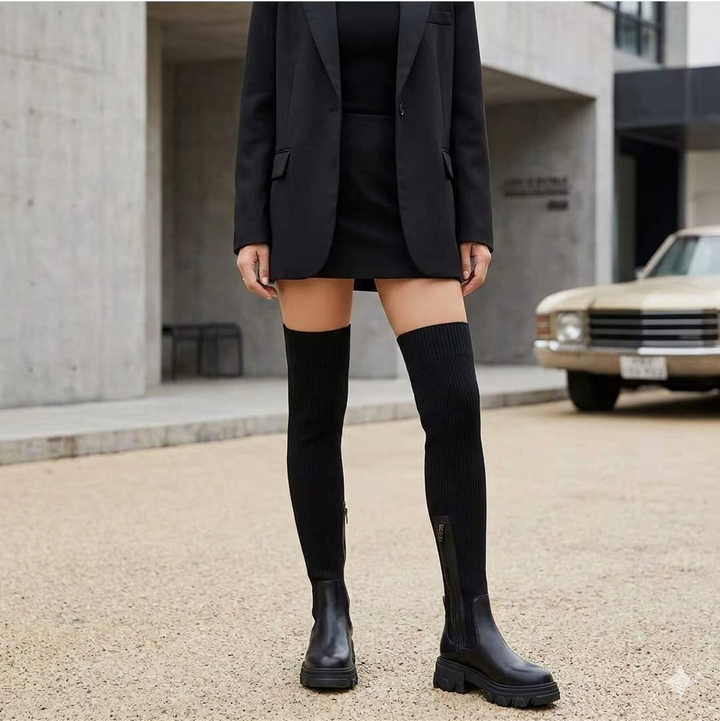 Modell som bär svarta stövlar med högt skaft och blazer utomhus