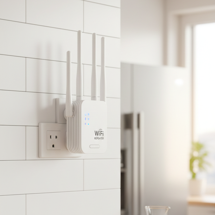 Vit trådlös WiFi förstärkare inkopplad i vägguttag i ett modernt hem