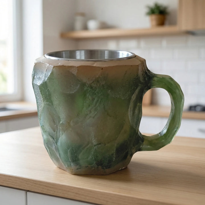 Grön facetterad kaffemugg i ädelstensdesign på träskiva i ljust kök