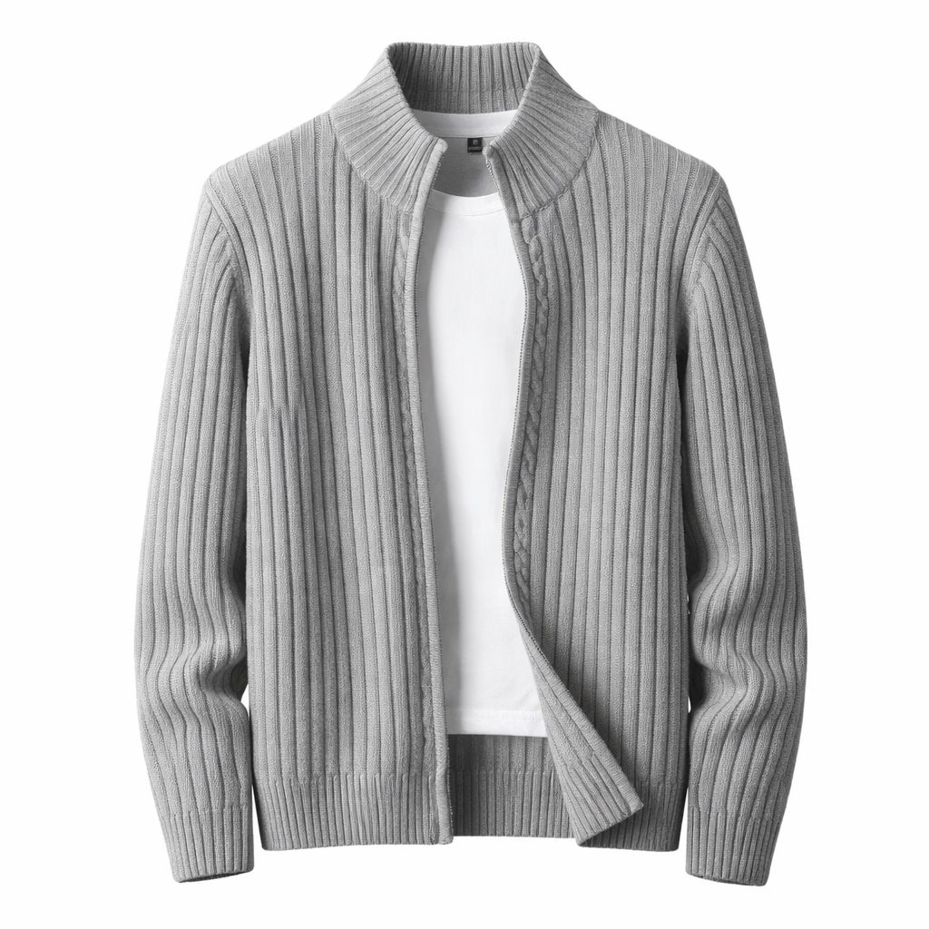 Mörkgrå ribbad stickad herrcardigan med ståkrage och dragkedja i höstmode