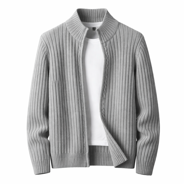 Mörkgrå ribbad stickad herrcardigan med ståkrage och dragkedja i höstmode