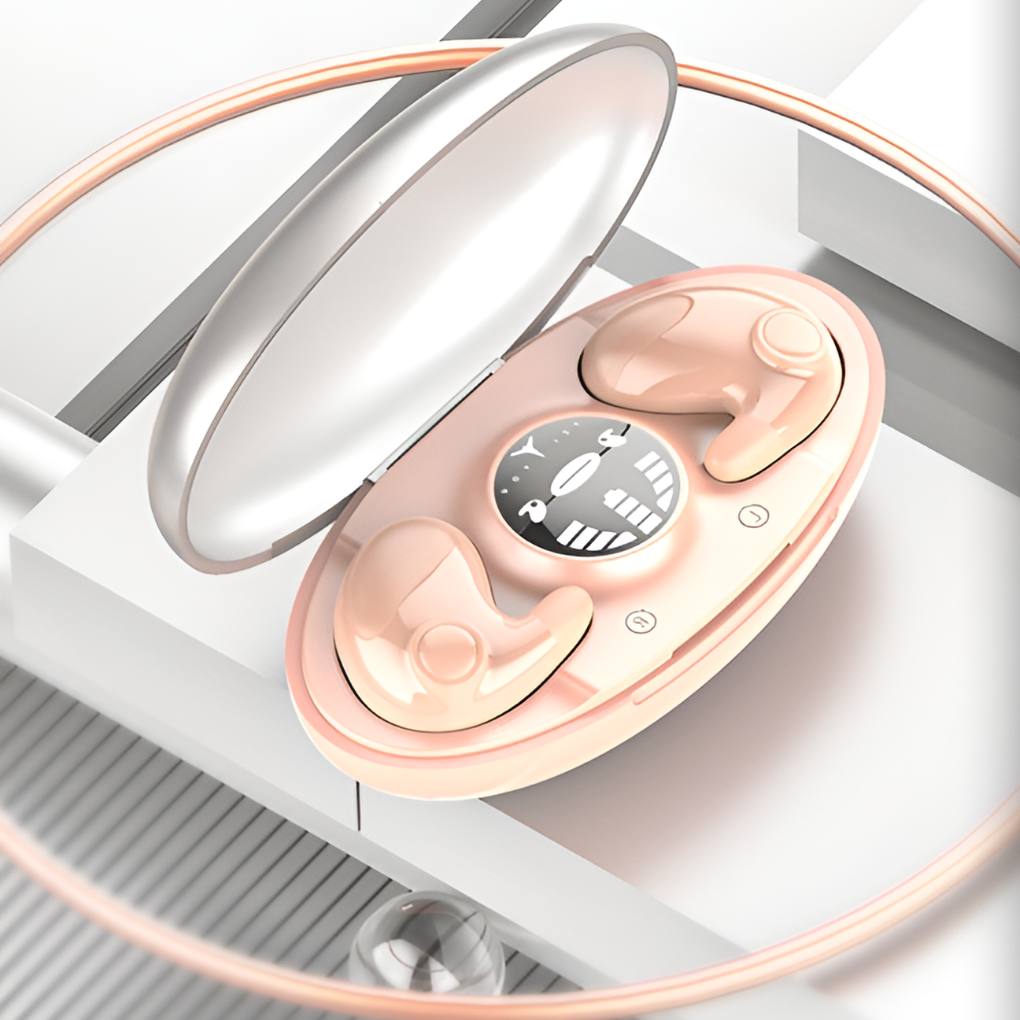 Rosa trådlösa Bluetooth-hörlurar i laddningsfodral med digital display