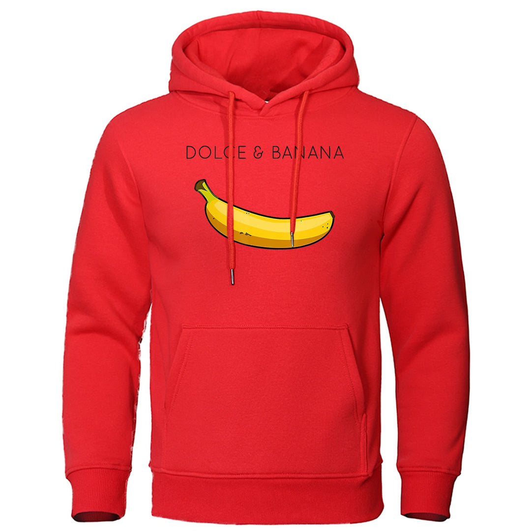 Detaljbild på grafiskt tryckt bananmönster på svart herr hoodie