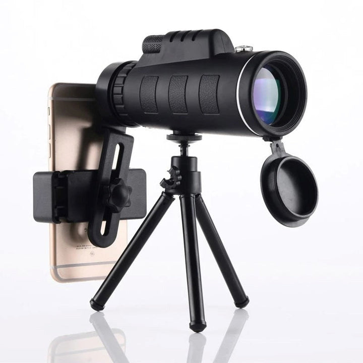 Starscope HD monokulär monterad på stativ med smartphonehållare
