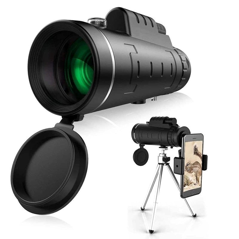 Starscope HD monokulär med stor linsöppning bredvid stativ och mobil