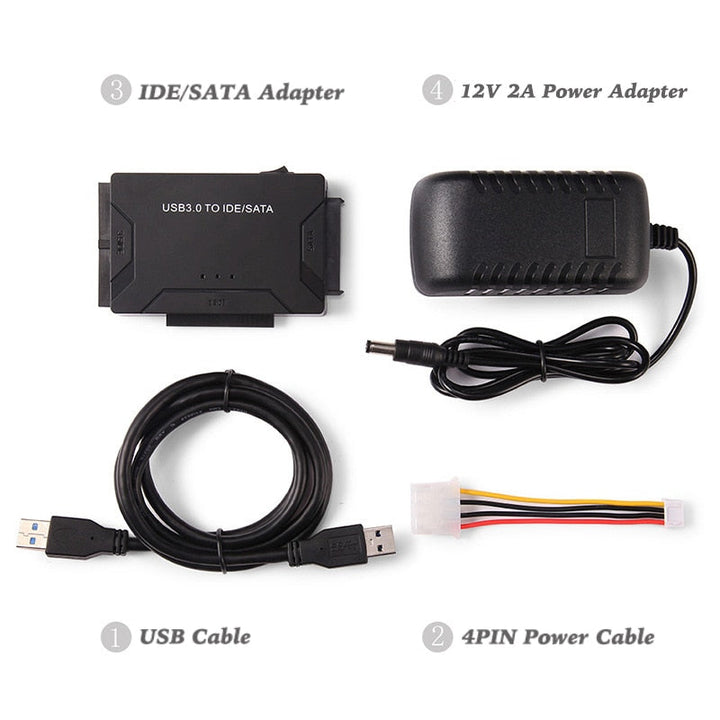 Förpackning och medföljande kablar till USB 3.0 IDE SATA-adaptern för alla enheter.