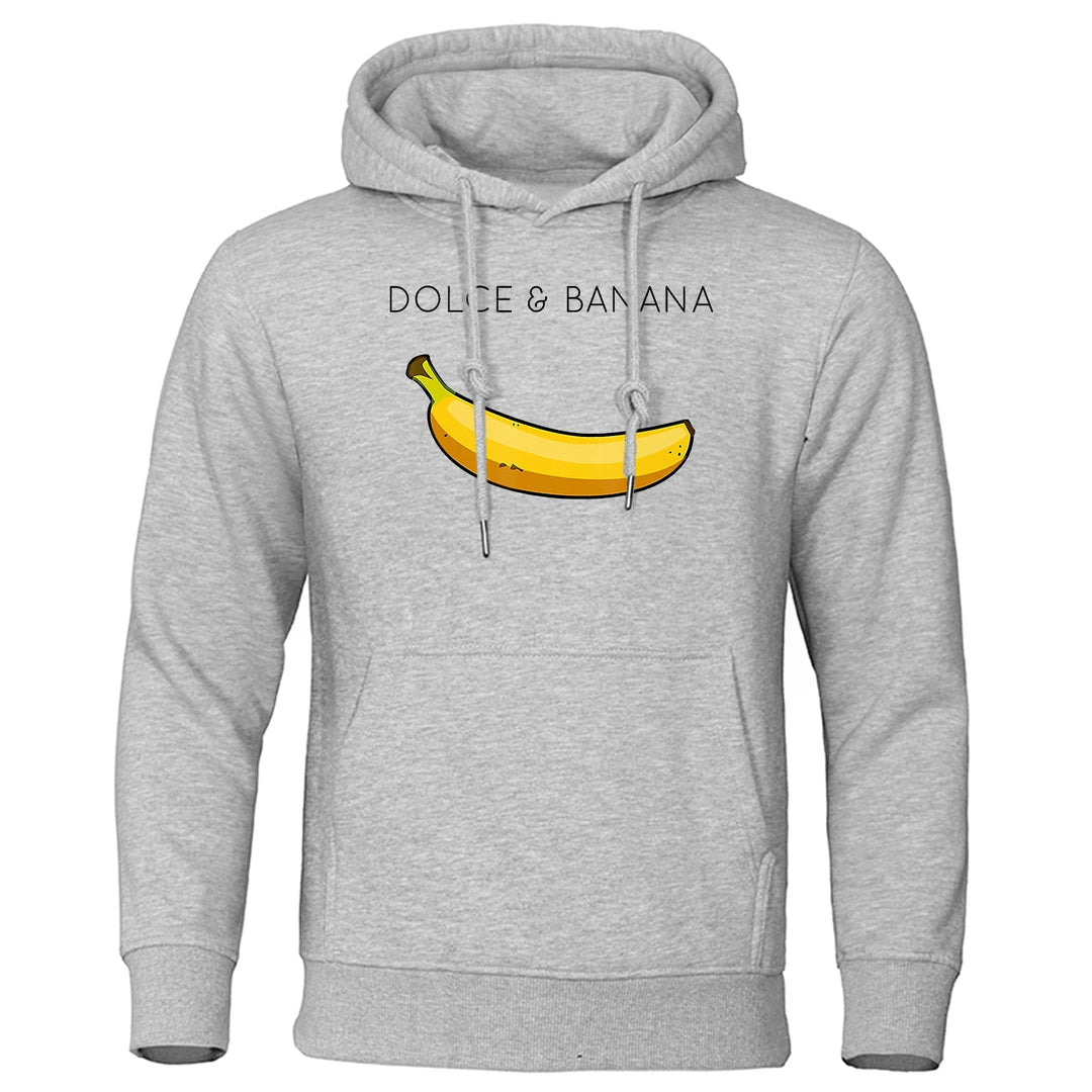 Svart herrhoodie med roligt bananmönster, grafiskt tryck och huva