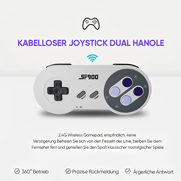 Närbild på den trådlösa handkontrollen med knappar och logotyp