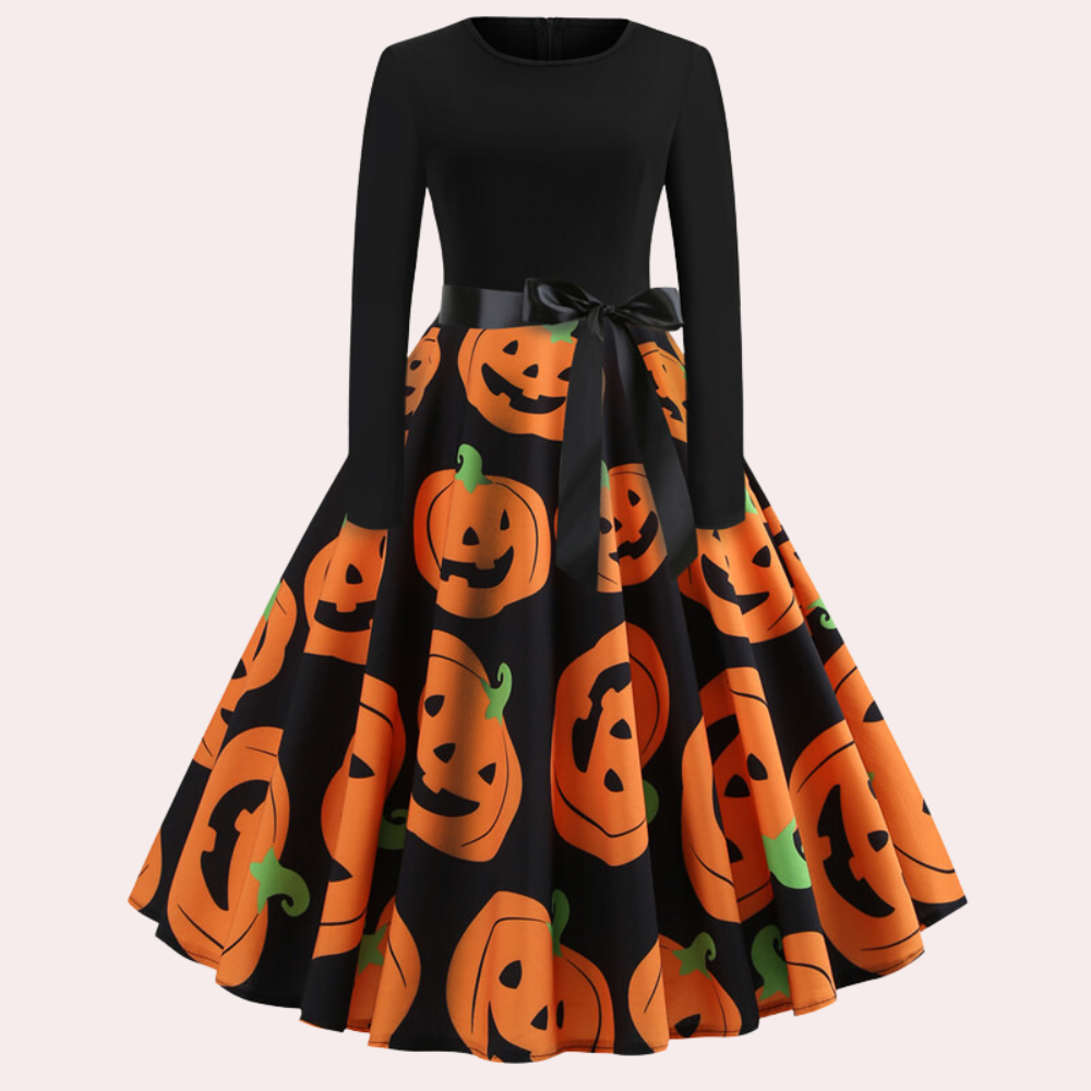 Orange Halloweenklänning med pumpamönster för damer
