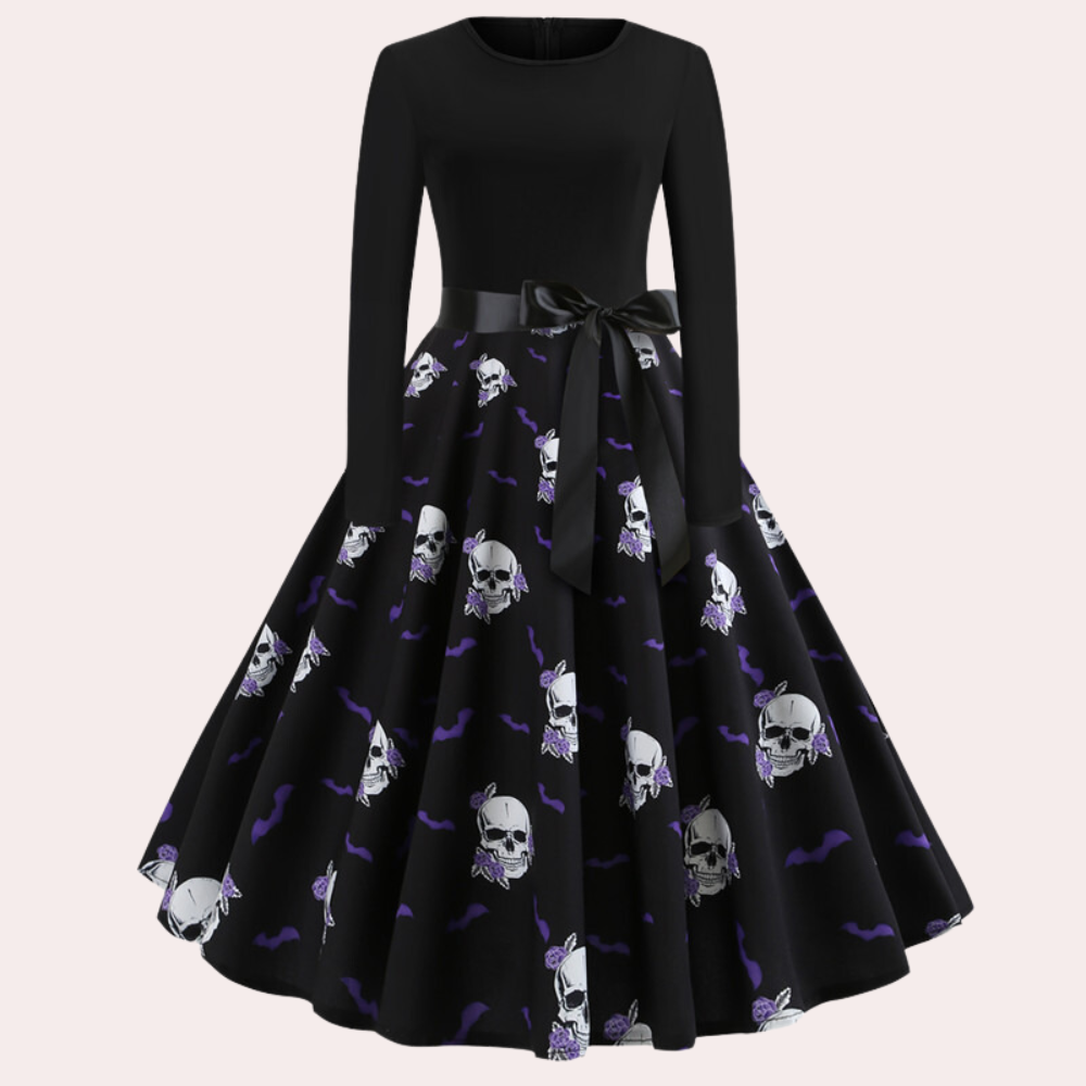 Festlig långärmad halloweenklänning för dam med fit and flare-silhuett och hösttema
