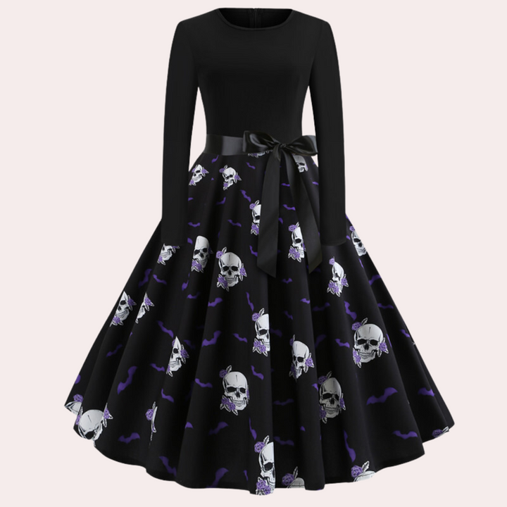 Festlig långärmad halloweenklänning för dam med fit and flare-silhuett och hösttema