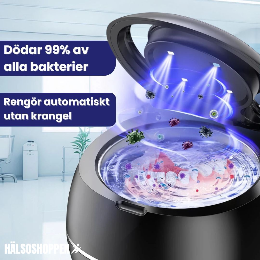 Närbild på modern ultraljudstvätt som håller tandställningar, retainers och bettskenor hygieniskt rena.