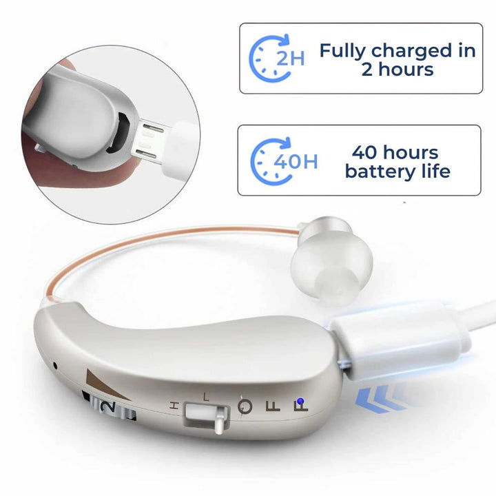 Hörapparat som laddas med USB-kabel och visar batteriets livslängd