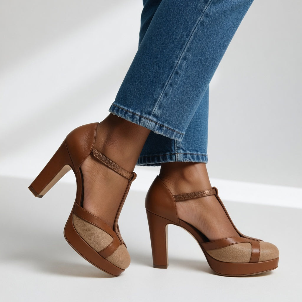 Emily damklackskor i brunt och beige på modell