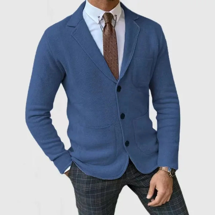 Mörkblå blazer för herrar visad bakifrån, knäppning