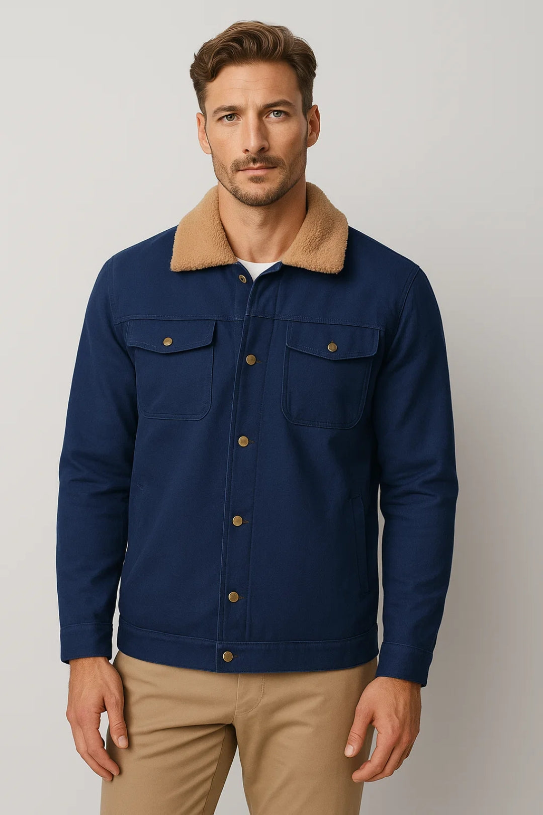 Varm herrtruckerjacka med mysig sherpakrage och knäppning, perfekt för höst och vinter.