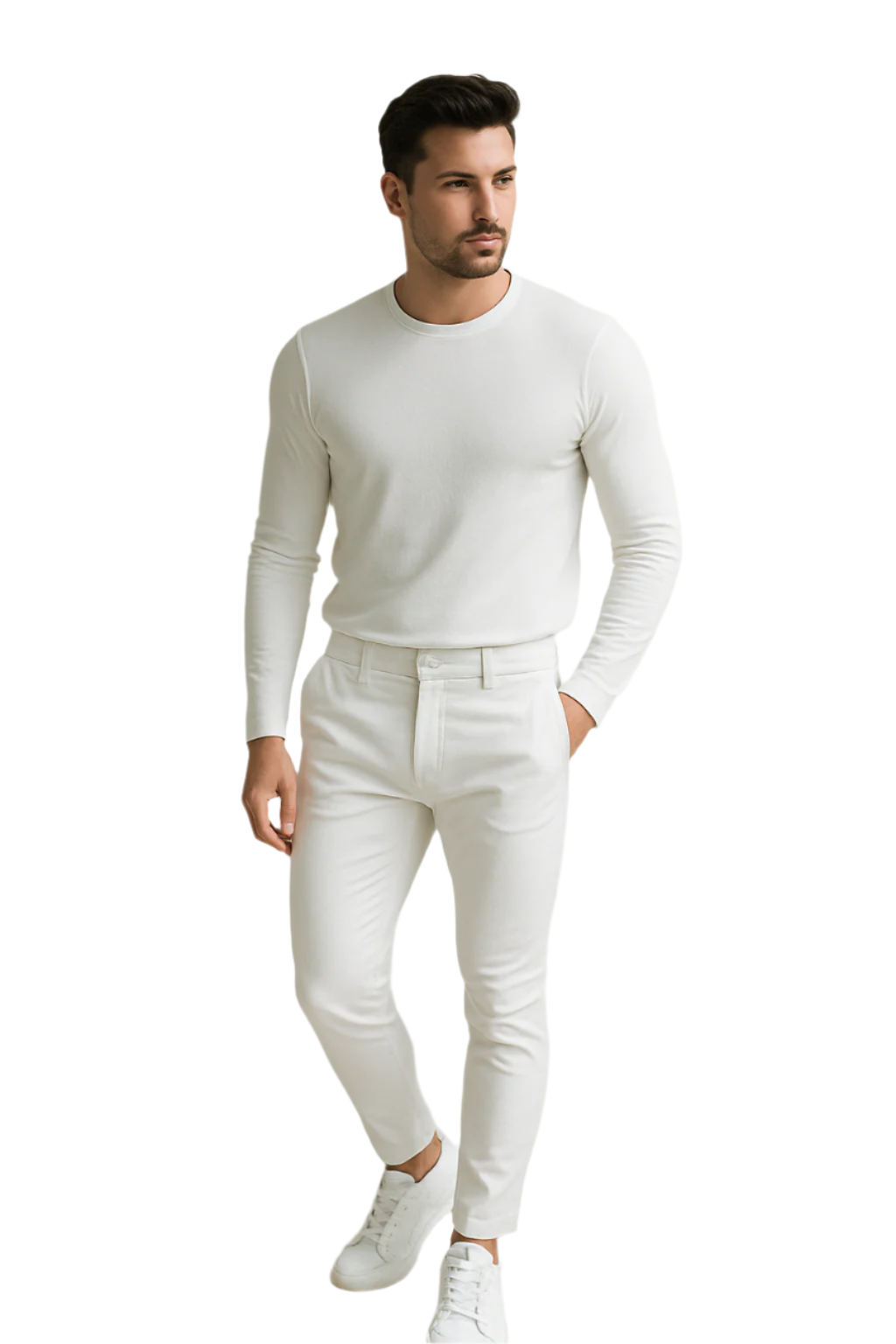 Man i vit tröja och vita slim fit jeans poserar utomhus