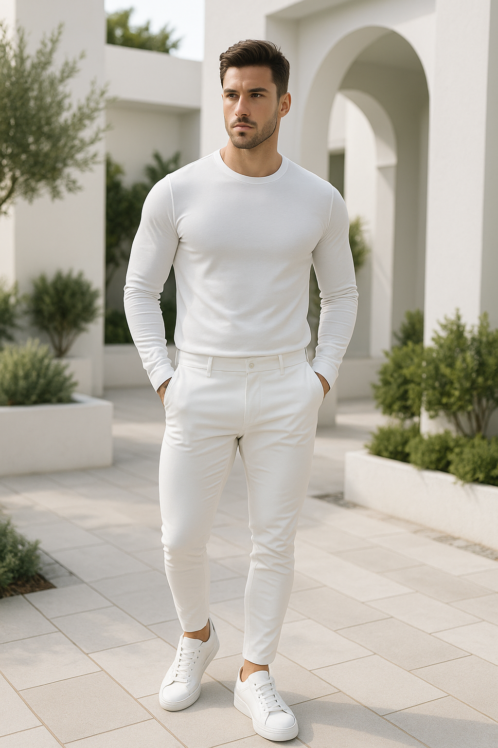 Stående porträtt av man i vita slim fit byxor och sneakers