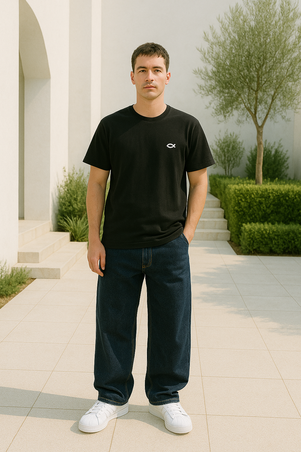 Sida av mörka baggy jeans för herrar med avslappnad passform och vida ben