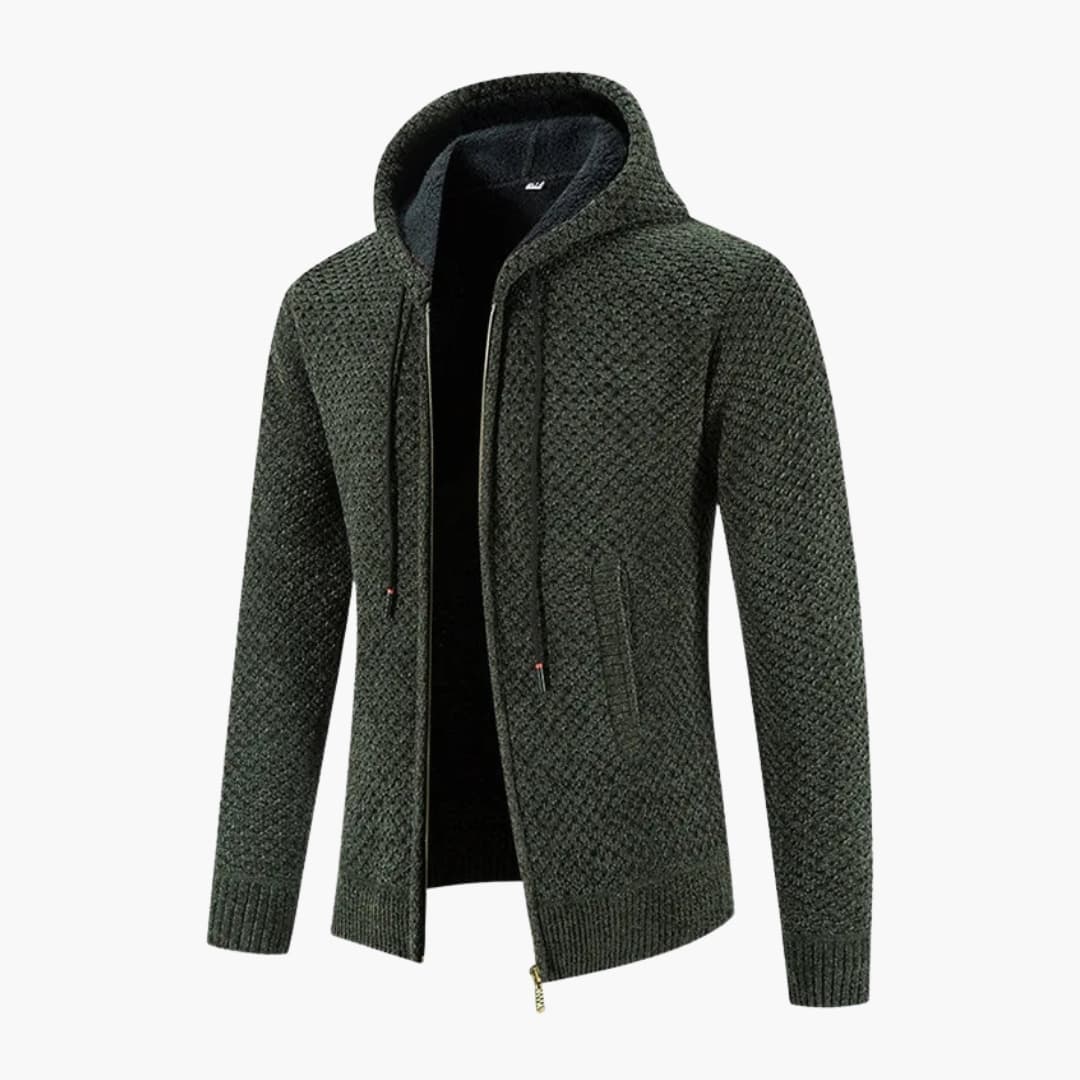 Närbild på mudd och ficka på bekväm och modern herrjacka med huva